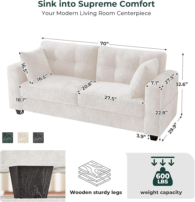 70" Loveseat Sofa for Living Room, Modern Chenille Cloud Couch with USB/Type-C Charging Ports, Side Pockets, Removable Cover, Wide Armrests, Small Couch for Small Space, Easy Assembly, Beige