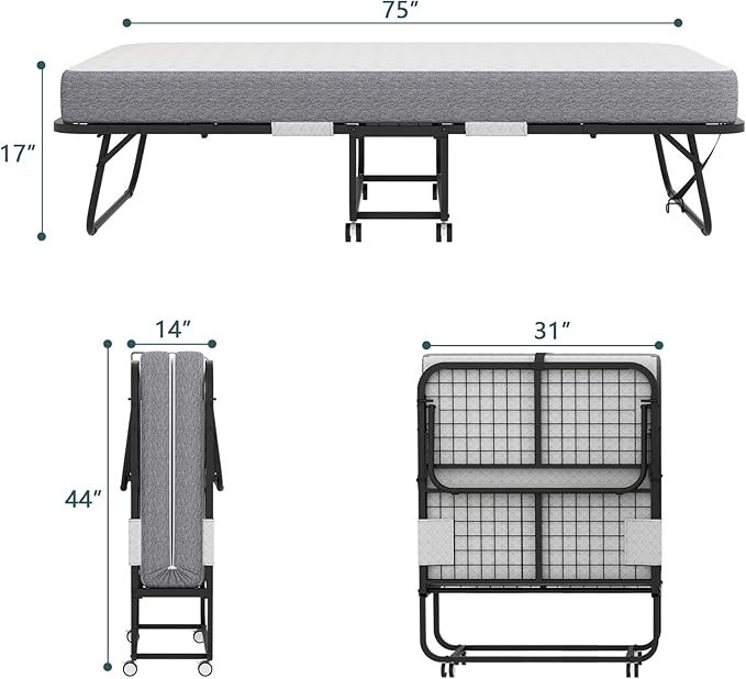 Espsilto Folding Bed with Mattress, 75" x 31" Roll Away Bed for Adults, Cot Size Fold up Portable Foldable Mattress for Guest