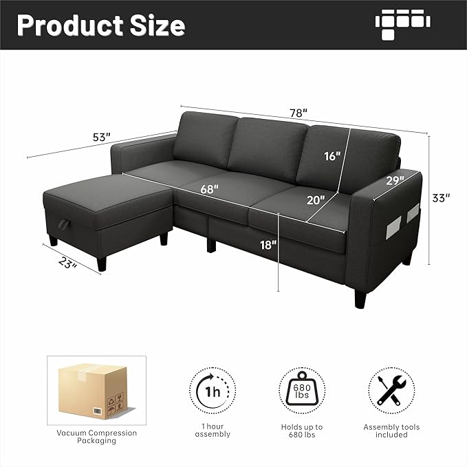 Youmumeub Sectional Sofa and Couches for Living Room - 78''L Shaped Gray Linen Couch-Pet Friendly Modular 3-Seater Convertible Sofas-Washable Covers-Suitable for The Living Room, Apartment