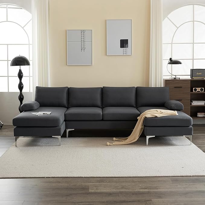 Karl home 110" Sectional Sofa U-Shaped 4-Seat Couch with Chaises Linen Fabric Upholstered for Living Room, Apartment, Office, Dark Gray