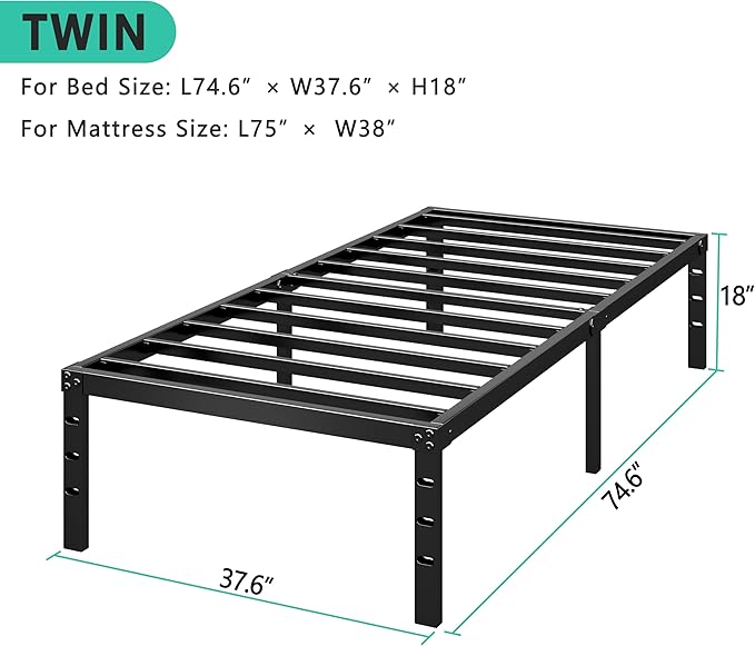 Metal Platform Bed Frame 12 Inch Tall,No Box Spring Needed,Twin Size Bed with Heavy Duty Strong Support Slats,Easy to Assemble,Black