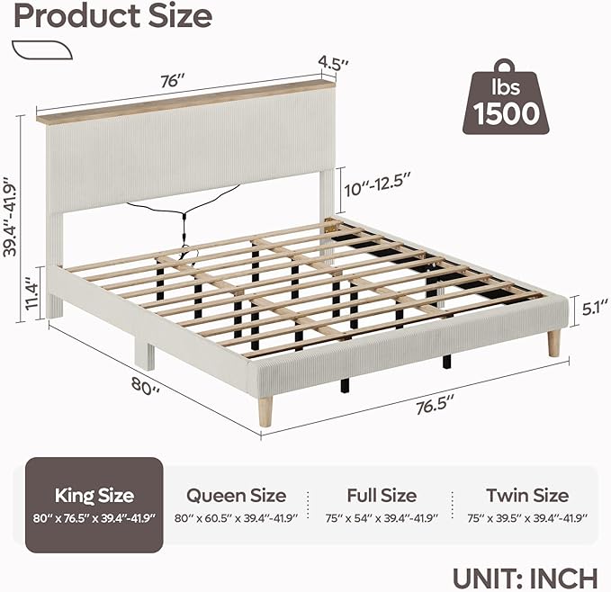 Bestier King Bed Frame with Adjustable Headboard & LED Lighting, Corduroy Upholstered Platform Bed Frame with Storage Shelf, Solid Wood Slats, No Box Spring Needed, Never Squeak, Easy Assembly, Beige