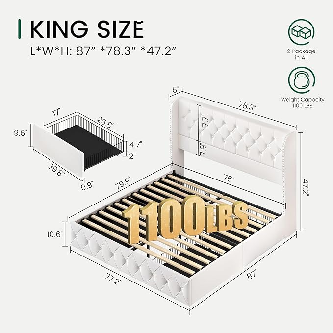LARMACE King Size Bed Frame with 4 Storage Drawers and 47.2" Tall Wingback Headboard Velvet Upholstered Platform Bed Frame Tufted Beds with Wooden Slats Support, Easy Assembly, White