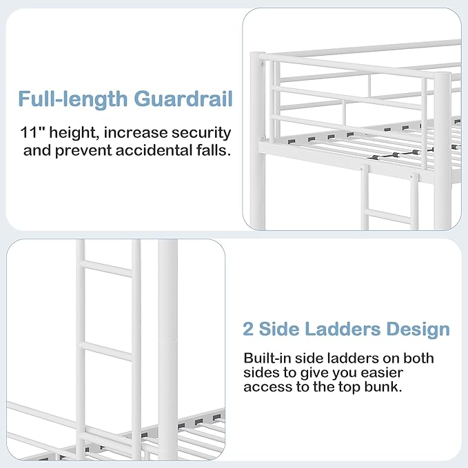 VECELO Bunk Bed Twin Over Twin with Trundle, Metal Bunkbeds with Ladder and Full-Length Guardrail, No Box Spring Needed, Space Saving, Noise Free, White
