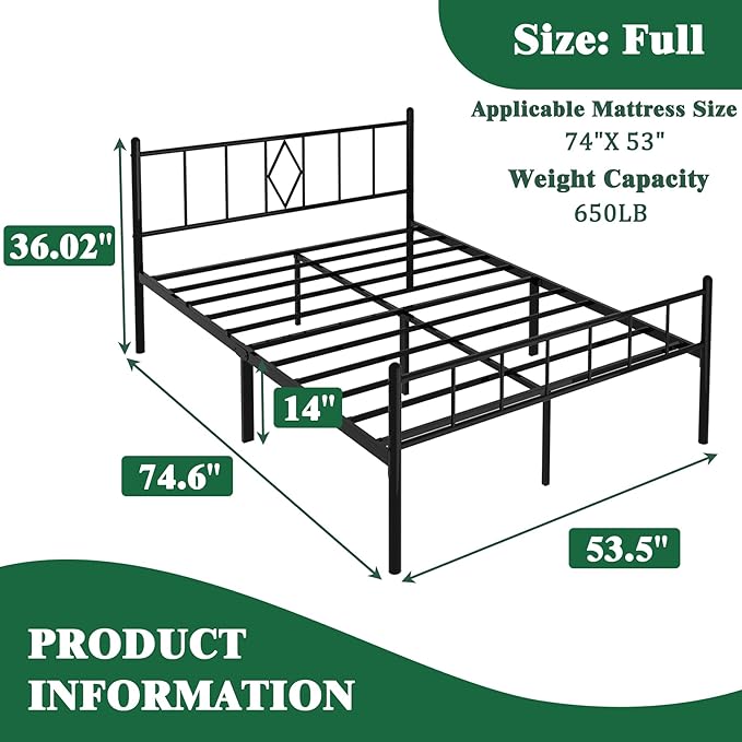 Decorwise 14 Inch Full Size Bed Frames with Headboard/Footboard, Under Bed Storage, Strong Metal Slats Support, No Box Spring Needed, Noise Free, Easy Assembly, Black
