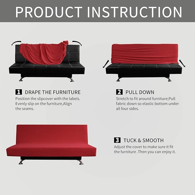 Easy-Going Stretch Futon Slipcover Armless Futon Bed Cover Furniture Protector Without Armrests with Elastic Bottom for Kids, Soft Jacquard Fabric Small Checks (Large, Christmas Red)