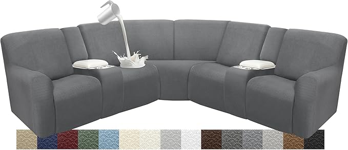 Couch Covers for Sectional Sofa Reclining L Shape Waterproof Washable Sectional Couch Covers Super Stretch Recliner Sofa Slipcover(5 Seater 2 Console Cover, Grey)