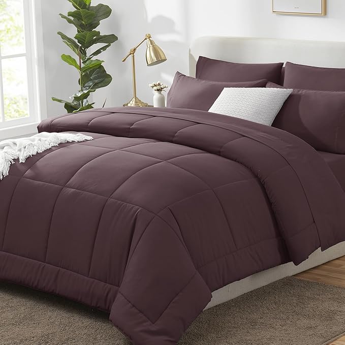 CozyLux Full Size Comforter Set Cocoa Powder, 7 Pieces Bed in a Bag, Brown Comforter Full Size, All Season Bedding Sets with Stitch Quilted Comforter, Flat Sheet, Fitted Sheet, Pillowcases
