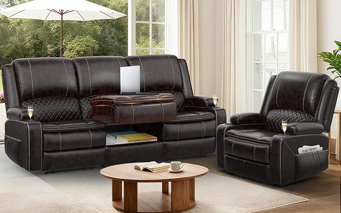 3+1 Manual Recliner Sofa, Maximum Load Capacity 1800lbs & Ergonomics Design, Multi-Functional Middle Seat & Home Theater Seating with Removable Armrest and Storage for RV Living Room (PU,Brown)