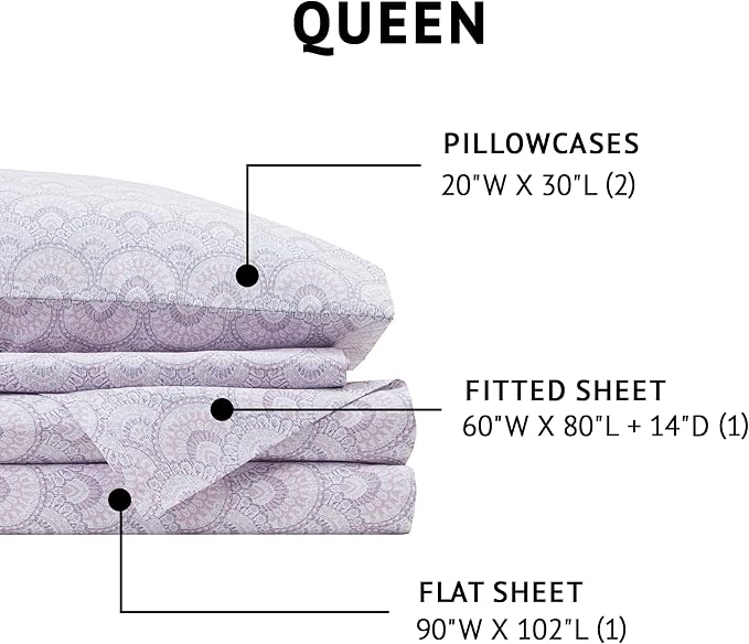 Comfort Spaces 100% Cotton Sheet Set Breathable, Lightweight, Soft with 14" Elastic Pocket Fits up to 16" Mattress, All Season Cozy Bedding, Matching Pillow Case, Queen Tabitha Purple 4 Piece