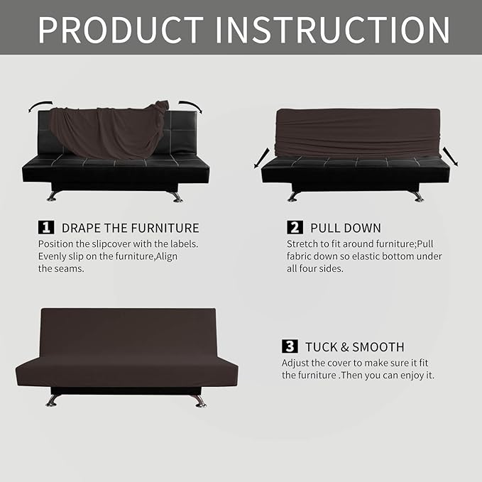 Easy-Going Stretch Futon Slipcover Armless Futon Bed Cover Furniture Protector Without Armrests with Elastic Bottom for Kids, Soft Jacquard Fabric Small Checks (Medium, Chocolate)