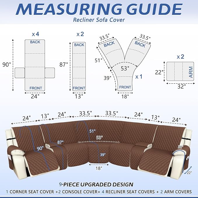 Arfntevss Recliner Sectional Couch Covers 1OO% Waterproof L Shape Sofa Cover for Reclining L Shaped Sectional Slipcover Dog Washable Corner Non Slip Protector (5 Seater with 2 Console, Coffee)