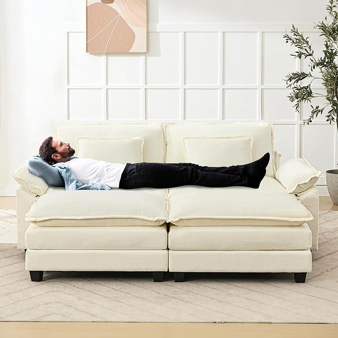 86" Modular Sectional Sofa, Comfy Cloud Couch Sectional Sofa with Ottoman, Chenille Sofa Sleeper Deep Seat Sofa with Throw Pillows for Living Room (Beige White)