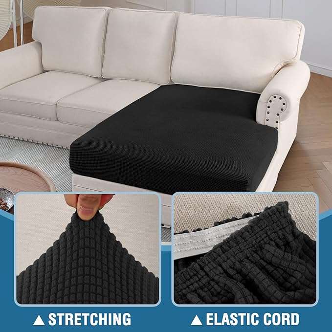 H.VERSAILTEX Sectional Couch Covers 1 Piece Chaise Slipcover L Shape Separate Cushion Couch Cover for Both Left/Right Sectional Couch (Seat Only: 1 Chaises, Black)
