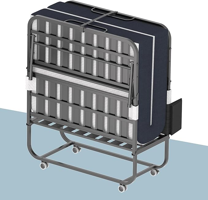 Folding Bed, 74"x31" Portable Beds for Adults, Heavy Duty Sturdy Metal Frame, Foldable Bed on Wheels for Twin Size, Space Saving Rollaway Bed for Guest, Easy Storage with Side Storage Pocket