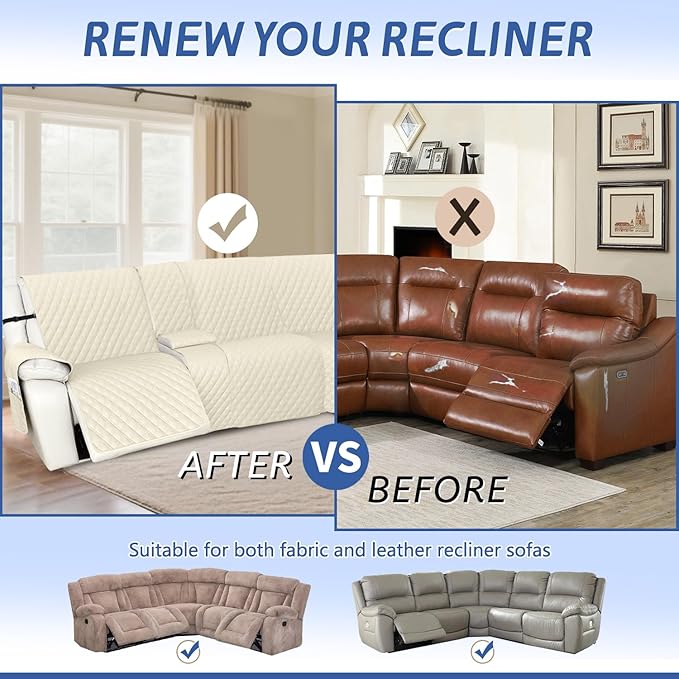 Arfntevss Recliner Sectional Couch Covers 1OO% Waterproof L Shape Sofa Cover for Reclining L Shaped Sectional Slipcover Dog Washable Corner Non Slip Protector (XL 5 Seater with 1 Console, Beige)