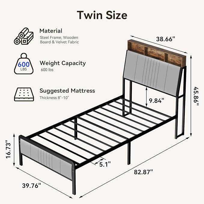 BedsPick Twin Bed Frame with Headboard, Metal Platform Bed Twin Size with 2-Tier Storage and Ergonomic Velvet Headboard, Charging Station, Smart LED Lights, Easy Assembly, No Box Spring Needed