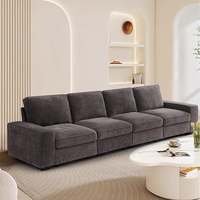 TEKAMON 128" Modular Sofa Couch with Seat Storage, Modern Comfy Long 4-Seater Chenille Couch for Living Room, Office, Apart W/Deep Seat, Wide Armrest, USB Port, Side Pockets, Washable Covers (DkGrey)