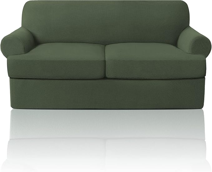 PrinceDeco T Cushion Loveseat Slipcover - 3 Pieces Sofa Cover for 2 Cushion Couch with 2 Individual T Shape Seat Covers Width Up to 76 Inch - Stretch, Machine Washable, Bronze Green