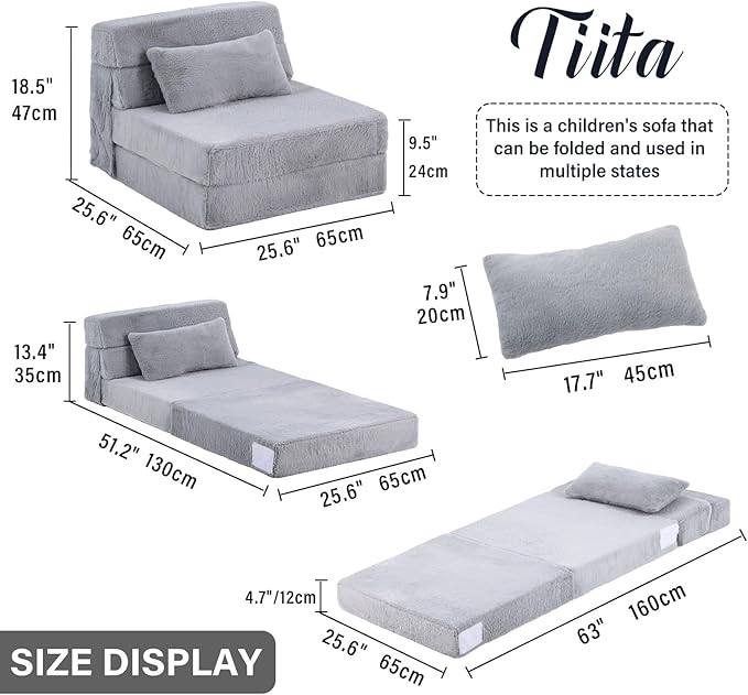 Tiita Convertible Folding Kids Sofa Bed with Pillow & Storage Bag, Plush Fabric Floor Mattress Couch Bed, Washable Cover, Kids Room, Playroom, Dorm, Apartment, White Grey