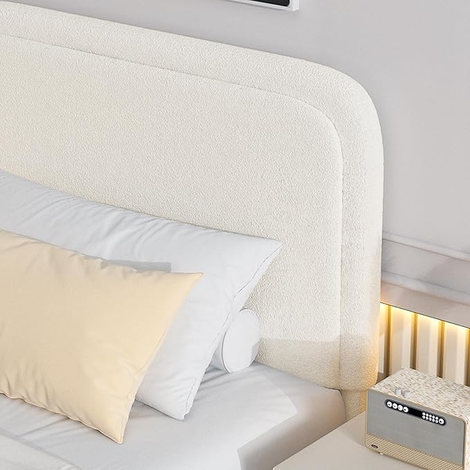 BarnFurin Boucle Upholstered Bed Frame King Size/Cloud Bed Frame/Soft Rounded Corners Headboard/Low Profile/No Box Spring Needed/Non-Slip and Noise-Free/Cream