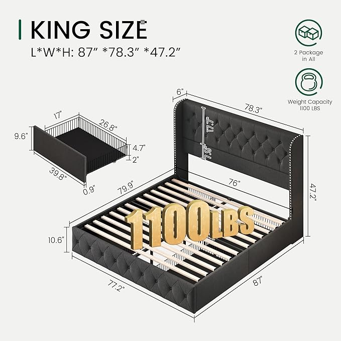 LARMACE King Size Platform Bed Frame with 4 Storage Drawers and 47.2" Tall Tufted Headboard Linen Upholstered Bed Wingback Bed Frame with Wooden Slats Support, Easy Assembly, Dark Grey