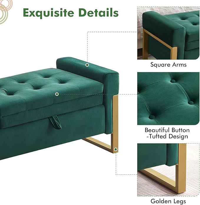 67" Storage Bench for Bedroom King Size, Velvet Upholstered End of Bed Storage Bench with Gold Legs, Double Lids Tufted Storage Ottoman Bench for Living Room,Entryway, Green