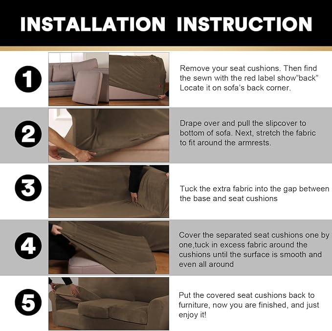 PrinceDeco Velvet Couch Covers for Sofa Soft 4 Pieces Couch Covers for 3 Cushion Couch Sofa Pet Friendly Furniture Protector with Non Slip Elastic Bottom Width Up to 97 Inch(Large Sofas,Bronze Brown)