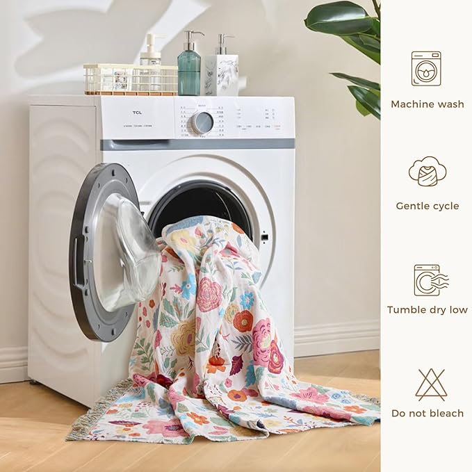 LUTBM Boho Throw Blanket for Bed Cotton Spring Blankets Twin Size for Bedroom Living Room All Season Lightweight Floral Embroidery Quilt for Couch Sofa Chair 60"x80"