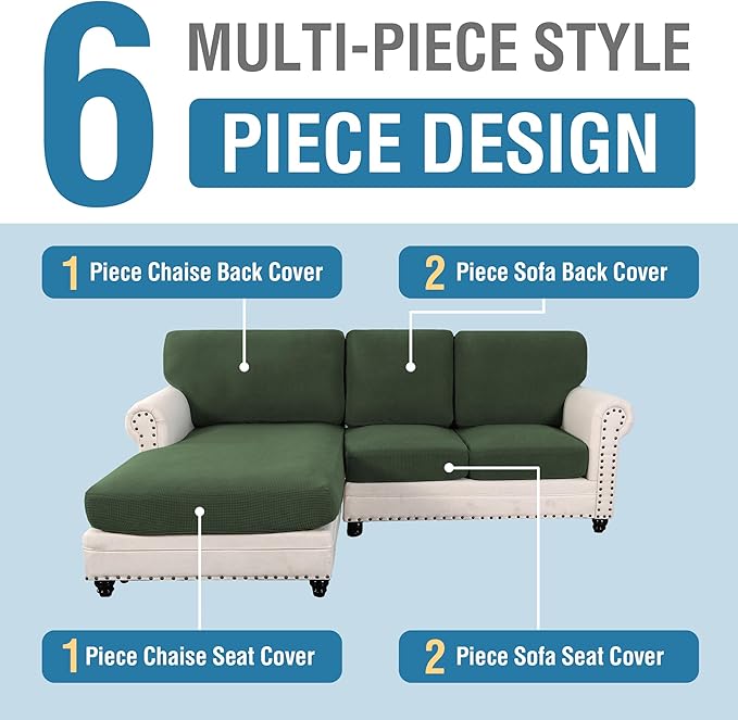 H.VERSAILTEX Sectional Couch Covers 6 Pieces Stretch Sofa Cover for Sectional Sofa Set Separate L Shaped Couch Cover for Both Left/Right Couch (Seat and Back: 1 Chaise + 2 Sofa, Bronze Green)