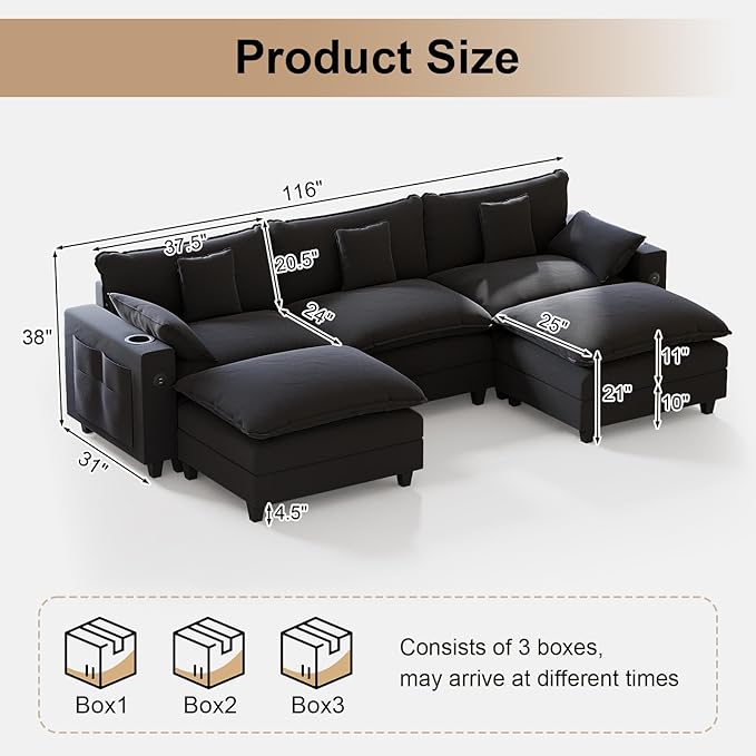 116" Modular Sectional Sofa, U Shaped Cloud Couch with Movable Ottoman, Chenille Deep Seat Cloud Sofa with Charging Station, Cup Holder, Side Pocket, Sectional Couches for Living Room, Black