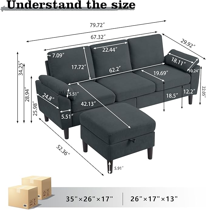 79" Convertible Sectional Sofa, Modern Linen Small L Shaped Couch with Reversible Chaise and Storage Ottoman, 3-Seat Sofa Couches for Living Room, Office, Apartment, Dark Grey