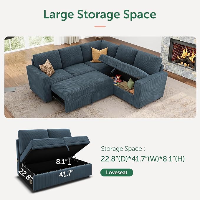 HONBAY Modular Sectional Sleeper Couch with Pull Out Bed, Corduroy L Shaped Sofa with Storage, Convertible Sectional Couches for Living Room, Blue