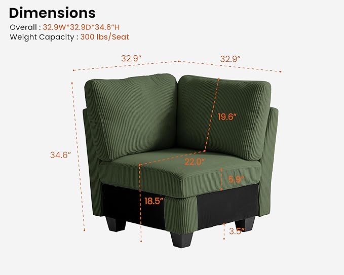 CHIC HOUSE Modular Sectional Sofa with Storage Ottomans, Corduroy Cloud Couch for Small Spaces & Apartments, Reconfigurable L/U Shaped Convertible Corner Sofa, Green, Corner