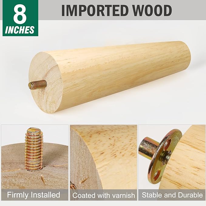 FoDau770 Rubber Wood Furniture Legs 8 Inches, Straight Tapered Wood Feet Mid Century Sofa Legs Set of 4, 5/16" UNC Furniture Feet Replacement Parts for Cabinet Couch Dresser Chair Ottoman Table