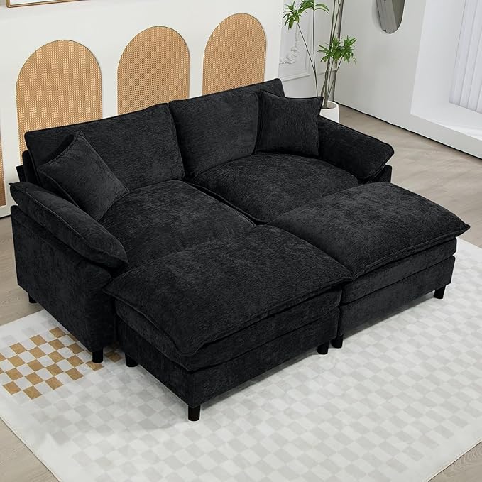 Oversized Modular Sectional Sofa, 80 Inch U Shaped Cloud Couch Set, 2-Seat Comfy Convertible Sofa with 2 Movable Ottoman, DIY Combination Sleeper Couch for Living Room(Chenille, Black)