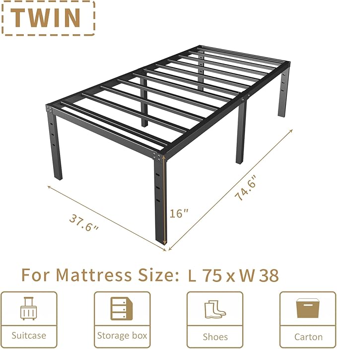 HOBINCHE 16 Inch Twin Size Bed Frame - No Box Spring Needed Heavy Duty Black Metal Platform Mattress Foundation, Non-Slip Noise Free Easy Assembly Steel Slats Bedframes with Cleance Storage