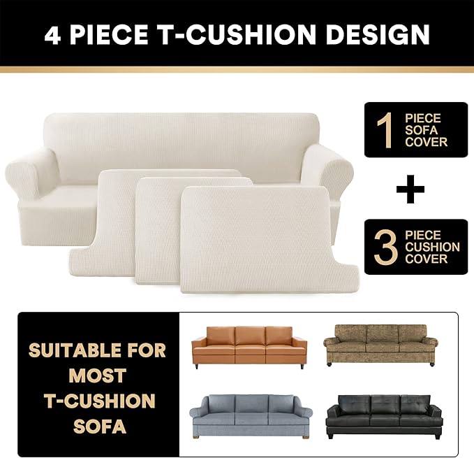PrinceDeco T Cushion Sofa Slipcover 4 Pieces Sofa Covers for T Cushion Couch Soft Sofa Slip Covers Furniture Protector with 3 Individual T Shape Seat Covers (70"-88") Washable, Ivory