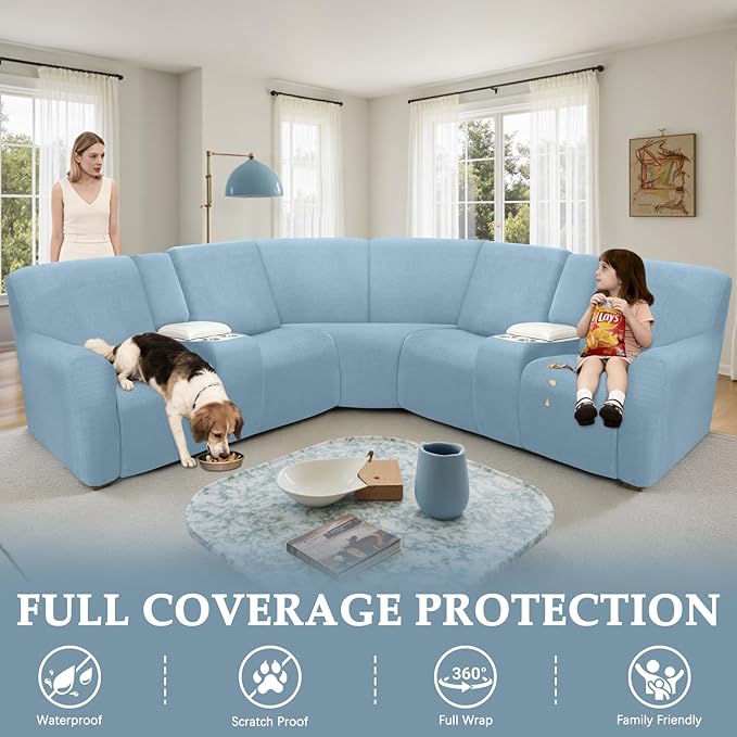Waterproof Reclining Sectional Couch Covers Washable L Shaped Couch Cover for Sectionals Recliner Sofa Covers Stretch Corner Recliner Slipcovers(5 Seater 2 Console Cover, Light Blue)