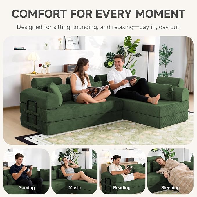 106" L-Shaped Boneless Sectional Couch, 2-Piece 70.87" Modules, Converts to 141.7" Extra-Long Straight Sofa, Corduroy Couch in a Box with Headrest & Back Pillows for Living Room, Dark Green