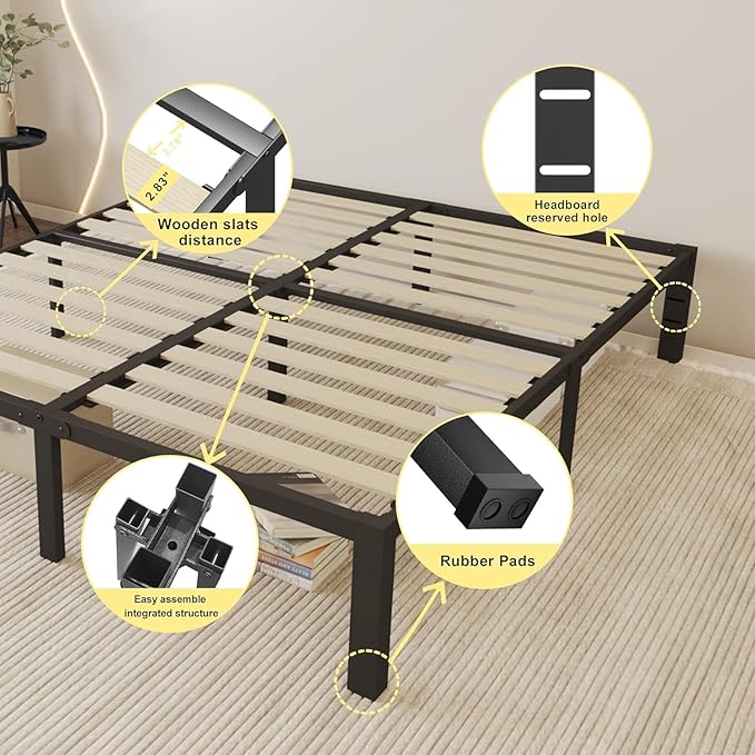 ROIL 18 inch Twin Size Bed Frames with Wide Wood Slats - 3500lbs Heavy Duty No Box Spring Needed Platform, Mattress Stoppers Single Metal Noise Free, Headboard Hole Underneath Storage