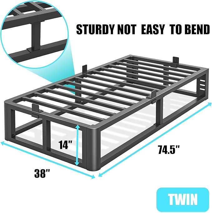 Firpeesy Metal Heavy Duty 14 inch Twin Bed Frame with Rounded Corner and Headboard Hole Mattress Retainers 3500 LBS No Box Spring Needed Platform Noise Free Easy Assembly