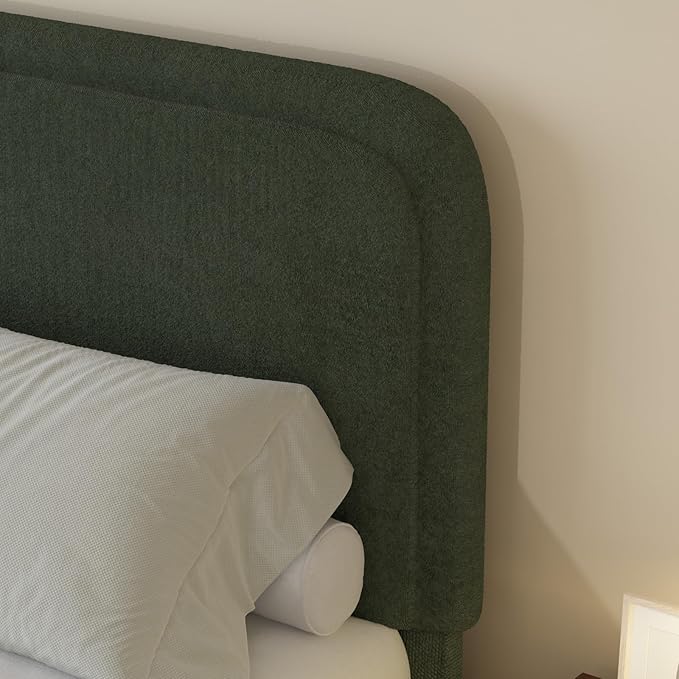 BarnFurin Queen Bed Frame with Headboard, Boucle Upholstered Platform Bed with Wood Slats, Soft Rounded Corners, No Box Spring Required, Non-Slip and Noise-Free, Easy Assembly, Green