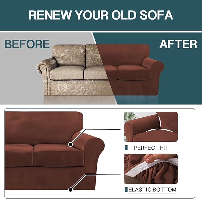 FantasDecor 4 Piece Sofa Velvet Couch Covers for 3 Cushion Stretch Slipcover with Individual Seat Cushion Elastic Furniture Protector for Pets, Machine Washable (Large Sofa, Burnt Brick)