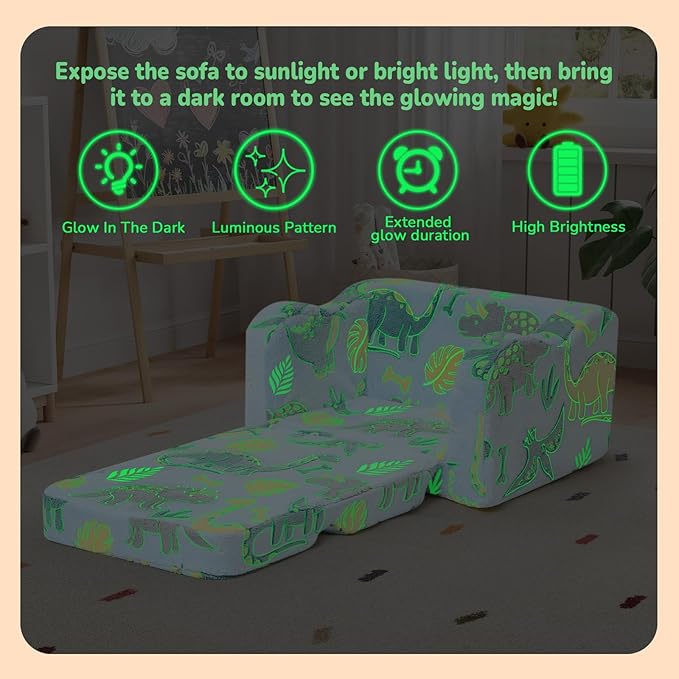 MeMoreCool Glowing Pastel Rainbow Kids Chair, 2-in-1 Foldable Kids Couch and Kids Sofa for Playroom Nursery, Soft Foam Fold Out Kids Couch with Glow-in-the-Dark Stars, Washable Cover | Reading, Lounging
