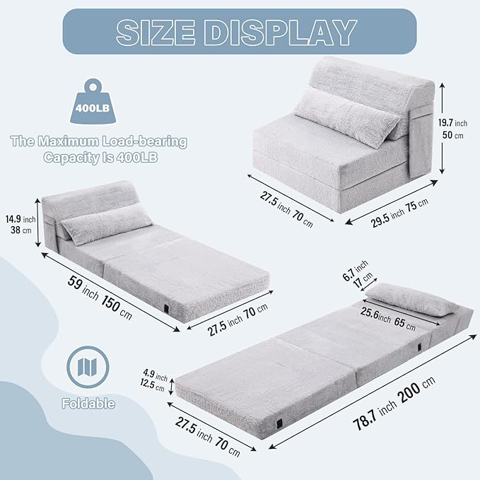 Tiita Convertible Folding Sofa Bed Single Size for Adults with Pillow, Plush Fabric Floor Mattress Couch Bed, Washable Cover & Side Pocket, Guest Room, Dorm, Apartment, Living Room, White Gray