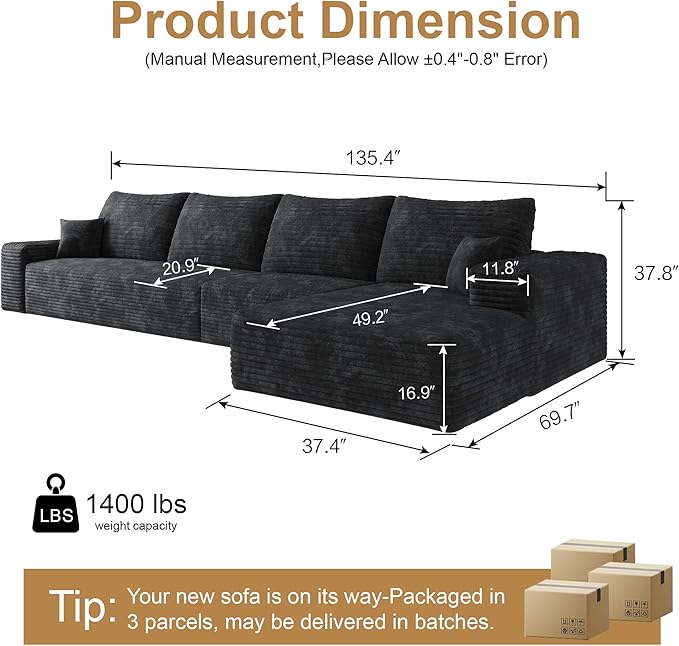 136" Sectional Couches for Living Room Cloud Couch Sofa with L-Shape Upholstered Boneless Couchs Modern Modular Sectional Couch with Chaise (Black, 136" Right Facing Chaise+3Seaters)
