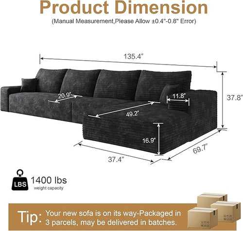 136" Sectional Couches for Living Room Cloud Couch Sofa with L-Shape Upholstered Boneless Couchs Modern Modular Sectional Couch with Chaise (Black, 136" Right Facing Chaise+3Seaters)