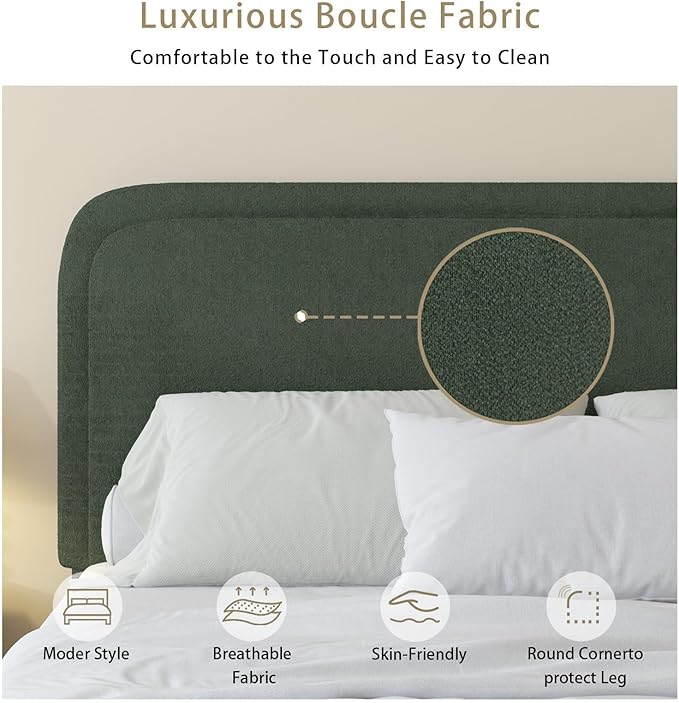 BarnFurin Full Size Bed Frame with Headboard, Boucle Upholstered Platform Bed Frame, Soft Rounded Corners, No Box Spring Required, Non-Slip and Noise-Free, Easy Assembly, Green