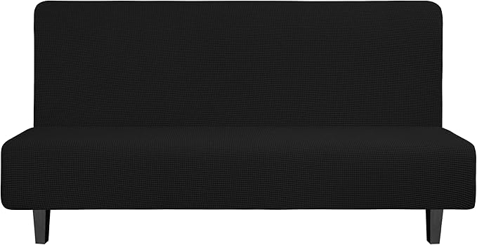 Easy-Going Stretch Futon Slipcover Armless Futon Bed Cover Furniture Protector Without Armrests with Elastic Bottom for Kids, Soft Jacquard Fabric Small Checks (Large, Black)